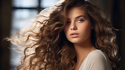 A woman with long brown curly hair is profiled as a pretty young girl with flying hair