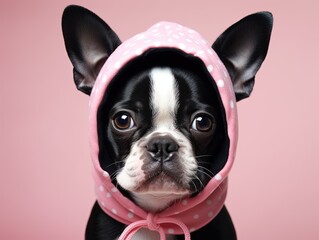Beautiful Boston Terrier dog puppy with hat on head on pink background. Creative animal concept