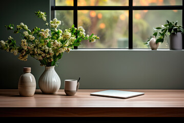 Fototapeta premium Closed laptop is lying on the table, flowers in a vase near the window. Working space at home