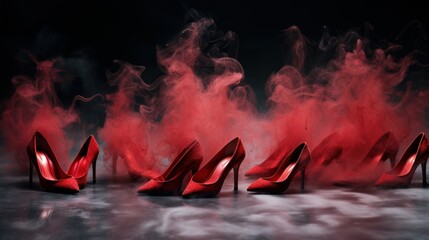 red women's high heels with smoke as a symbol of violence against women. concept of woman, protection, violence, - obrazy, fototapety, plakaty