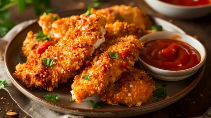 Crispy fried chicken nuggets with tomato sauce and parsley