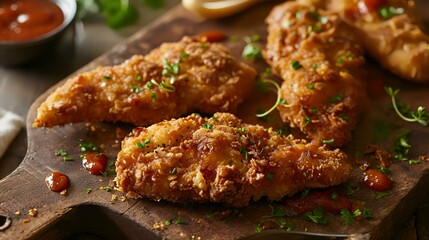 Crispy fried chicken wings with tomato sauce on a wooden board