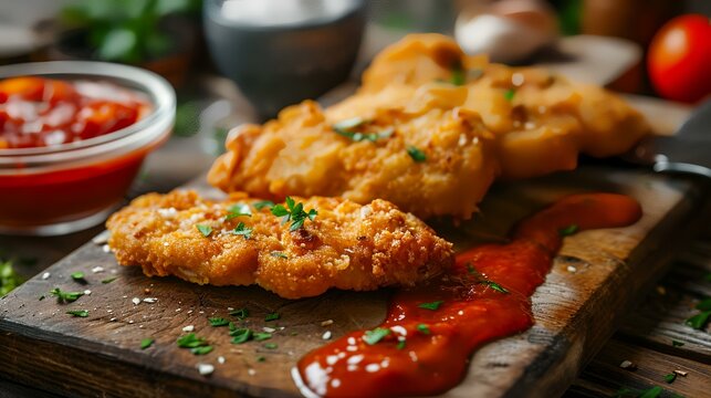 Fried chicken fillet with tomato sauce on a wooden board.
