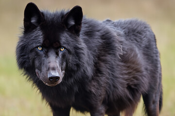 black Wolf. big beautiful black wolf in the forest, looking at the camera. predators concept