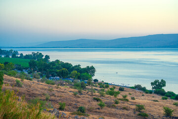 Fototapeta na wymiar Scenic view of the Eastern shore of Lake Tiberias Sea of Galilee in Israel