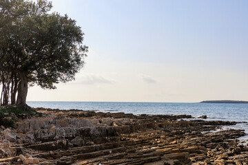 Rocky beach with blue sea at Cisterna Beach near Rovinj