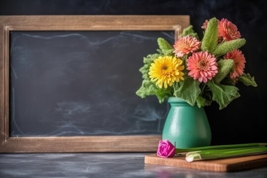 Vibrant flowers bloom on a green chalkboard in a close up shot, diverse education and teachers day image