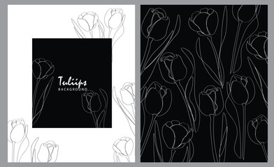 Set of tulips line arts plant hand drawn vector banner. Vector illustration. Tulip flower bouquet with line pattern on white