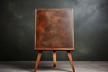A rustic chalkboard on a wooden stand against a cool grey wall, educational photo