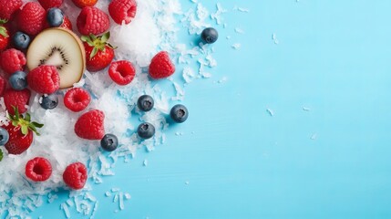 The picture above shows ripe, delicious berries that can be eaten or used to make desserts. fresh raspberry, redcurrant, blueberry, and coconut pieces in a blue background mix fruits for