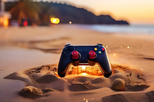 Video game controller with fire and epic medieval volcano in the background Generative AI