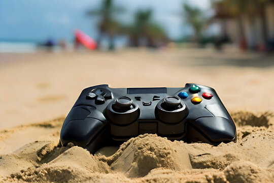 Video game controller with fire and epic medieval volcano in the background Generative AI