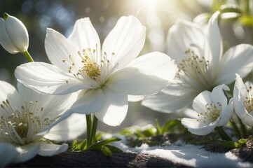 Obraz premium white snowdrop flowers bloom outdoors with sunlight