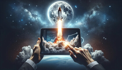 A space rocket launching from a tablet to the moon. With the profit graph display on the screen. Business and financial concept - obrazy, fototapety, plakaty