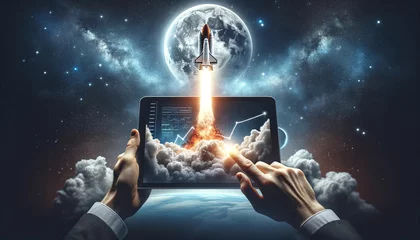 Fotobehang A space rocket launching from a tablet to the moon. With the profit graph display on the screen. Business and financial concept © TechnoMango