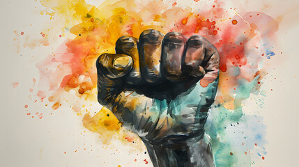 A watercolor portrait with a raised fist in red, yellow, and green against a white background, celebrating Black History Month and Juneteenth,