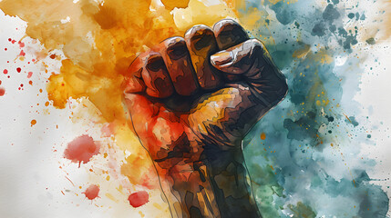 A watercolor portrait of a raised fist in red, yellow, and green against a white background for Black History Month and Juneteenth,
