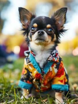 vertical photo of small cute chihuahuas dressed in warm colorful dog clothes. concept animals, clothes for animals, pets, small, dogs