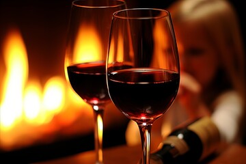 Two elegant wine glasses filled with rich red wine on a warm and inviting glowing background