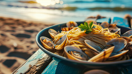Obraz premium A plate of spaghetti with clams on a table near the sea. 