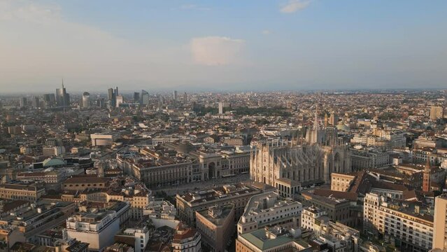 Aerial Close Up View Of Milan Cathedral Piazza Del Duomo Di Milano And  Galleria Vittorio Emanuele City Center Of Milano At Sunset