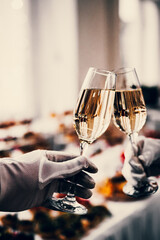 hands clinking champagne glasses for celebration