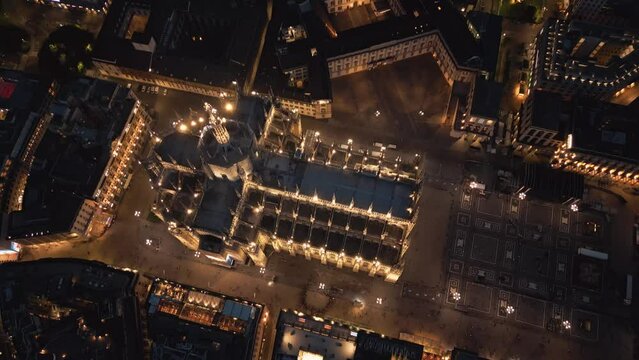 Aerial Top Down View Of Milan Cathedral Illuminated Piazza Del Duomo Di Milano And Galleria Vittorio Emanuele City Center Of Milano At Night