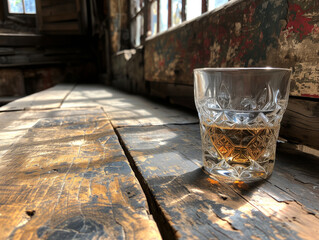 Glass cup, crystal clear with delicate etching, filled with sparkling water, set on a polished wooden table. Generative AI
