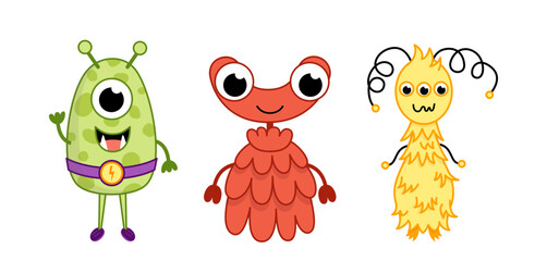 Ufo alien. Red, yellow, green alien. Cute monsters. Cartoon, vector
