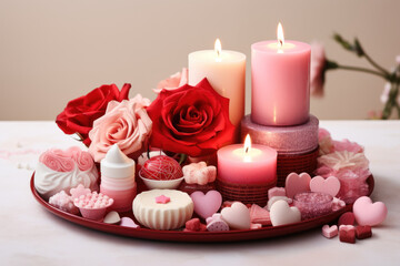 Assortment of Valentine's candles, roses, and treats on plate