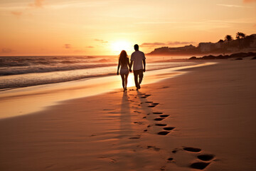 Fototapeta na wymiar Silhouette of couple holding hands on beach at sunset