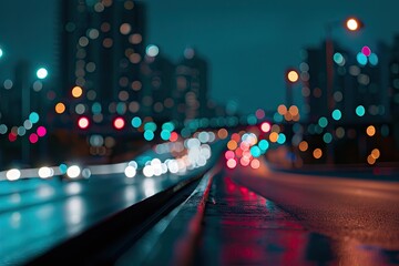 Urban night street with blurred traffic lights creating vibrant cityscape. Abstract nightlife. Glowing streets in modern city. Dynamic scene with glittering bokeh - obrazy, fototapety, plakaty