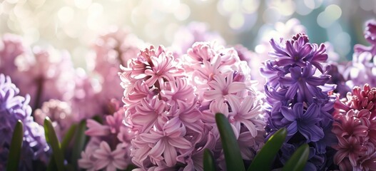Hyacinth flowers in bloom with soft-focused colorful background. Spring flora and beauty.