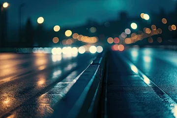Fotobehang Urban night street with blurred traffic lights creating vibrant cityscape. Abstract nightlife. Glowing streets in modern city. Dynamic scene with glittering bokeh © Wuttichai