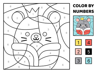 Mouse king in crown. Color by number. Squishmallow. Coloring page. Game for kids. Kawaii, cartoon, vector