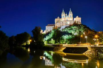 Night in Melk, Austria, with the Famous Baroque Benedictine Monastery Called Melk Abbey - obrazy, fototapety, plakaty