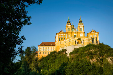 Fototapeta na wymiar The Beautiful Baroque Facade of the Benedictine Monastery, Called Melk Abbey, in Melk, Austria