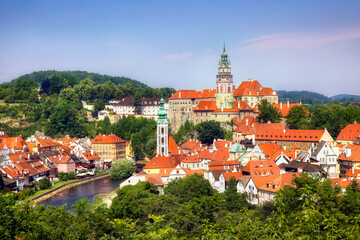 Beautiful Cesky Krumlov in the Czech Republic, with the Vltava River and the Tower of St Jost...
