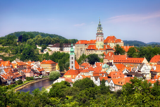 Beautiful Cesky Krumlov in the Czech Republic, with the Vltava River and the Tower of St Jost Church and the Castle Dominating the City