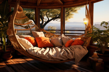Cozy hammock with pillows and a blanket on the terrace of the house on the coast