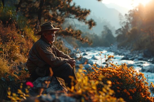 Old man sitting next to the river in the sunset