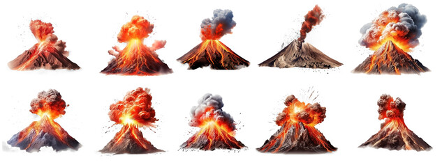 Collection of Volcano eruption with lava isolated on transparent or white background, png