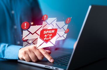 Suspect emails alert on virtual screen. E-mail inbox with spam virus message caution sign for threat notification. Harmful, Trash and junk mail, Spam mail pop-up warning. Cyber security awareness.