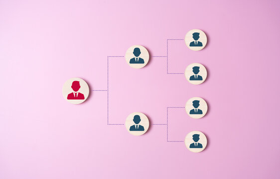 Organization chart, company leveling map, or organigram. Wooden blocks with people icons on pink background. Business structure tree diagram. Human resources career path, employees hierarchy table.