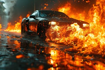 Against a captivating background, a high-tech supercar is highlighted by vibrant fire and flame effects.