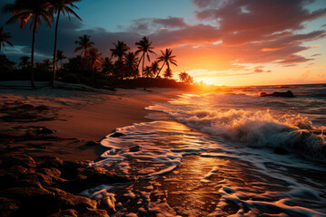 Sandy beach with palm trees and waves at sunset on the seashore or ocean. Summer holidays