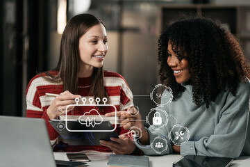 Hand touching Secure Access Service Edge icon on smartphone virtual screen background, password, network, framework and support technology in office. SASE secure access service edge concept.