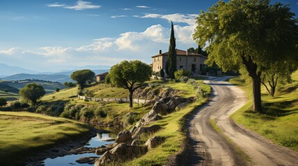 Empty long road. Blue sky and old house on the background.