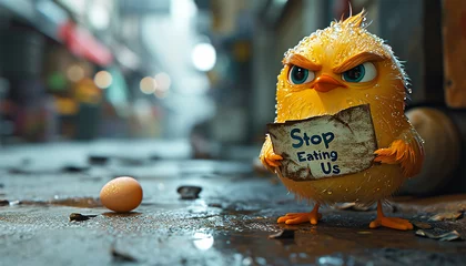 Fotobehang Cute angry chicken with a sign ''Stop eating us" Animal meat industry concept. Don't eat meat Copy space. Pro vegetarian © annebel146