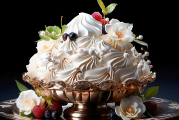 Delicious sweet meringue dessert made from sugar and whipped cream, decorated with berries and flowers on a plate